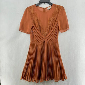 Asos Dress Women's Sz 6 Burnt Orange Lace Front Mesh Pleated A Line Short Sleeve